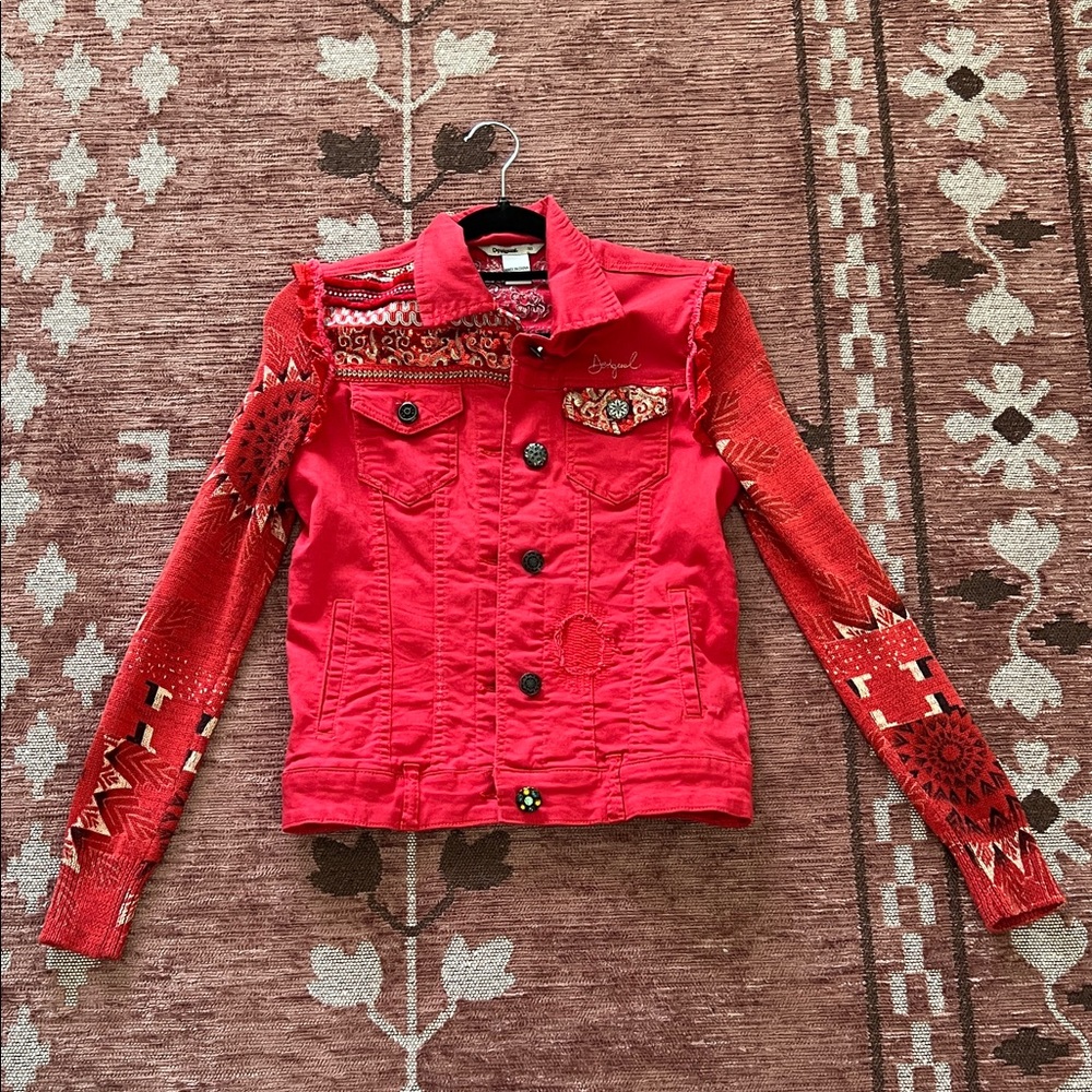 Desigual Vibrant Red Lace Detail Top